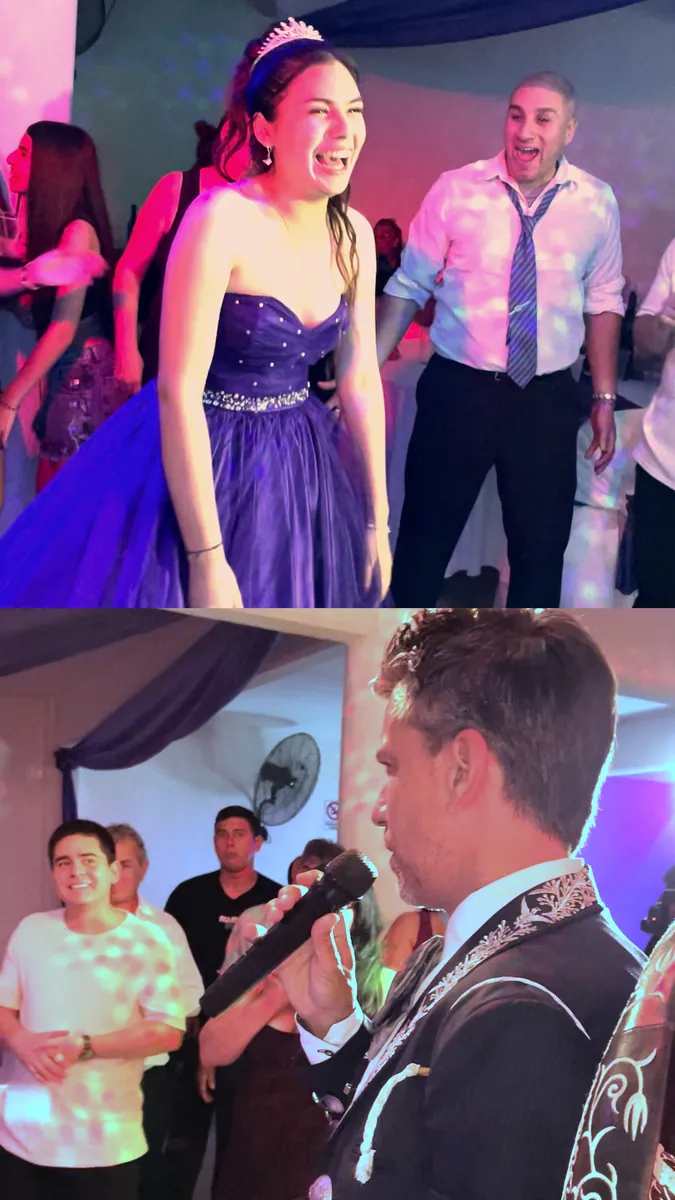Dos momentos de la fiesta: la quinceañera, de vestido violeta, se ríe en la pista, y el cantante de Experiencia Guadalupe canta con un invitado